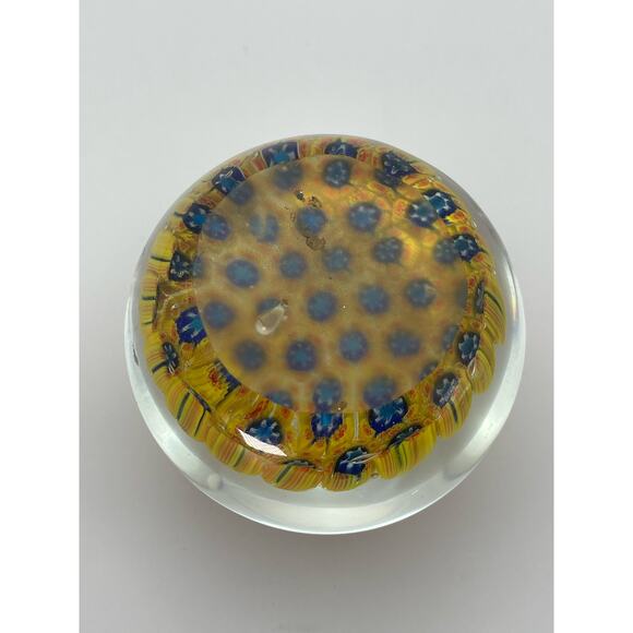 Vintage Glass Paperweight With Yellow and Blue Flowers - Picture 4 of 4